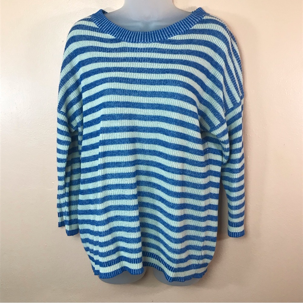 J Crew Blue White Stripe 3/4 Sleeve Linen Cotton Sweater Women M
